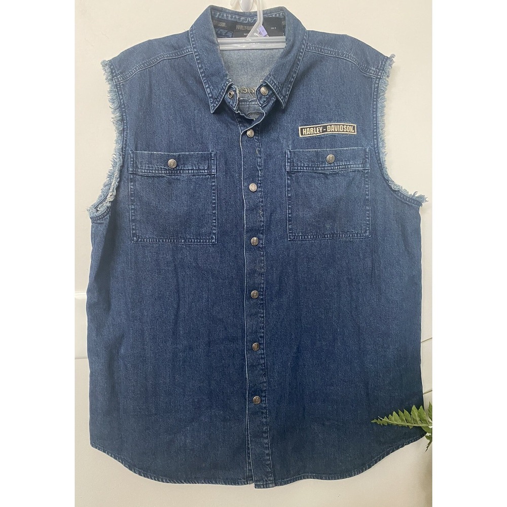 Harley Davidson Men's Denim Vest Biker Embroidered Eagle Sleeveless Blue Size XL - Picture 3 of 4